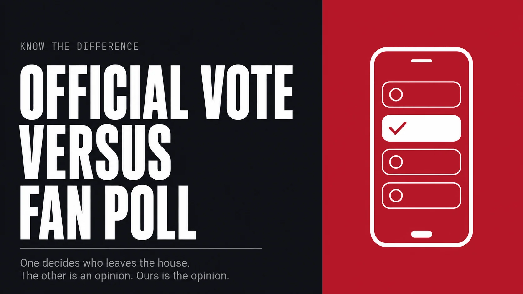 Editorial poster reading official vote versus fan poll — one decides who leaves the house, the other is an opinion — beside a phone showing one ballot option ticked