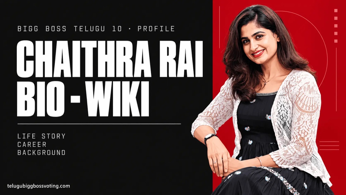 Chaithra Rai bio-wiki cover — illustrated portrait beside the words Bigg Boss Telugu 10 Profile, Life Story, Career, Background