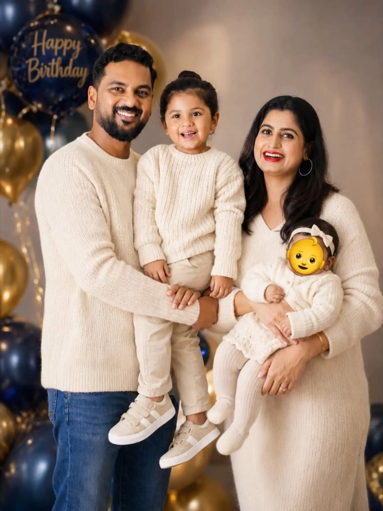Chaithra Rai with her husband and their two daughters in cream knitwear at a birthday shoot