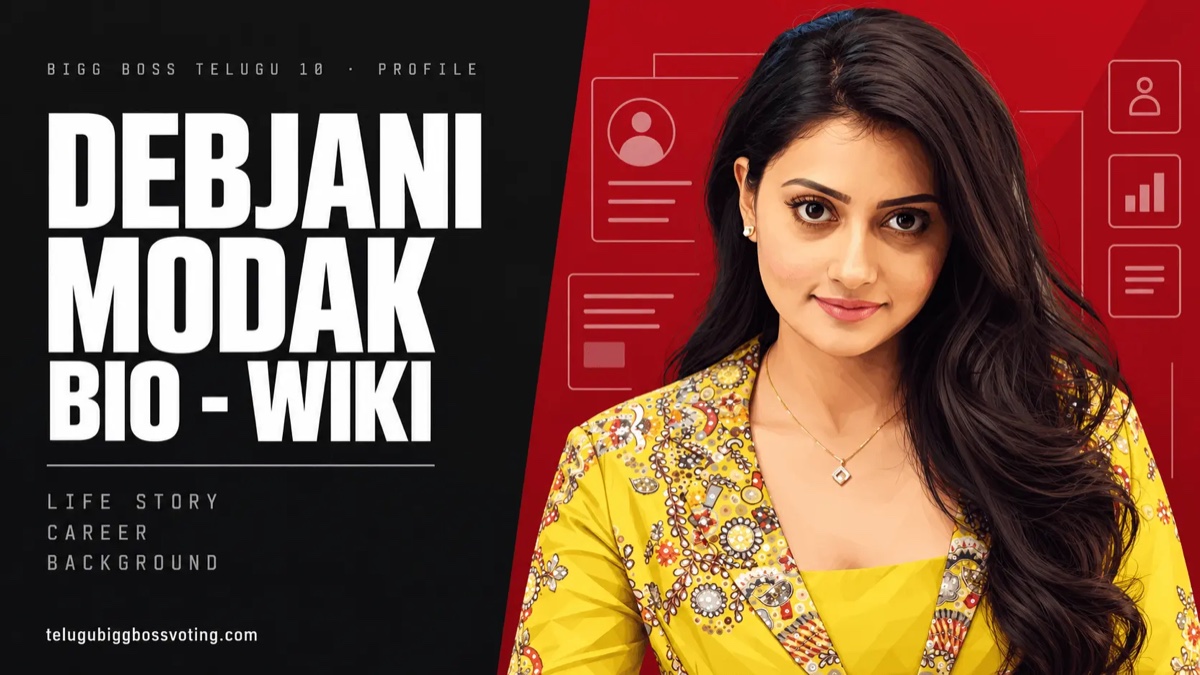 Debjani Modak bio-wiki cover — illustrated portrait beside the words Bigg Boss Telugu 10 Profile, Life Story, Career, Background