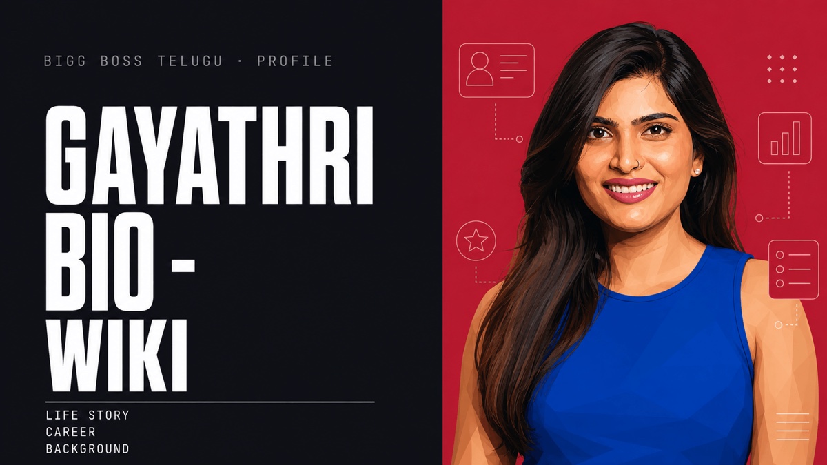 Gayathri Vardhan bio-wiki cover — illustrated portrait beside the words Bigg Boss Telugu, Profile, Life Story, Career, Background