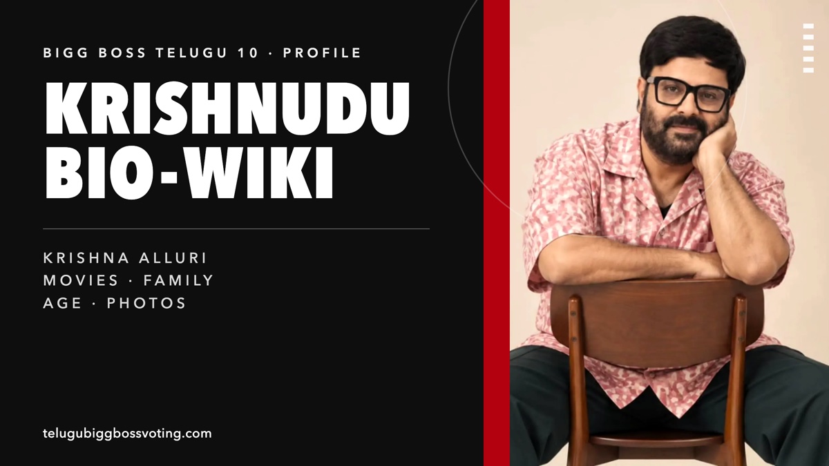 Krishnudu bio-wiki cover — photograph of him sitting astride a wooden chair in a pink printed shirt, beside the words Bigg Boss Telugu 10 Profile, Krishna Alluri, Movies, Family, Age, Photos