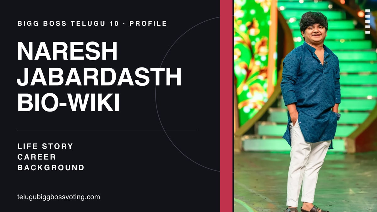 Naresh Jabardasth bio-wiki cover — photograph of him in a blue kurta and white trousers on a television set beside the words Bigg Boss Telugu 10 Profile, Life Story, Career, Background