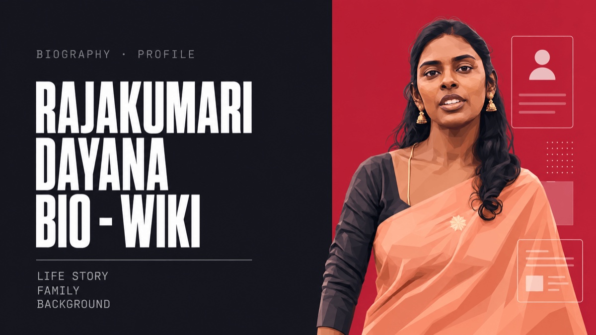 Rajakumari Dayana bio-wiki cover — illustrated portrait beside the words Biography, Profile, Life Story, Family, Background