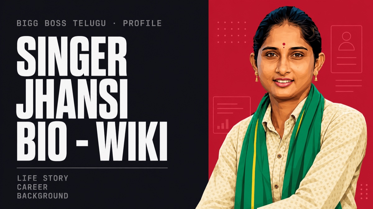 Singer Jhansi bio-wiki cover — illustrated portrait with a green farmer's shawl beside the words Bigg Boss Telugu, Profile, Life Story, Career