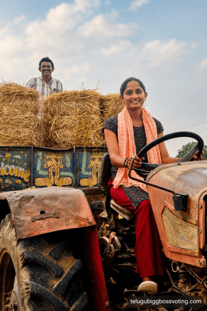 Illustrated portrait of Singer Jhansi driving a tractor loaded with hay bales