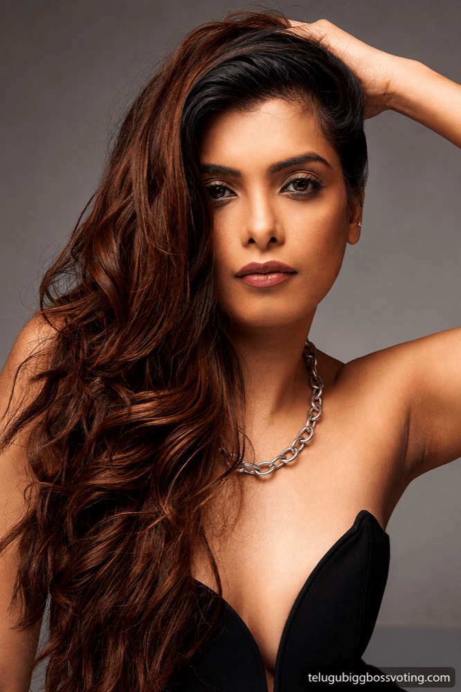 Illustrated portrait of Srishti Vyakaranam in a black evening outfit and chain necklace, studio glamour look