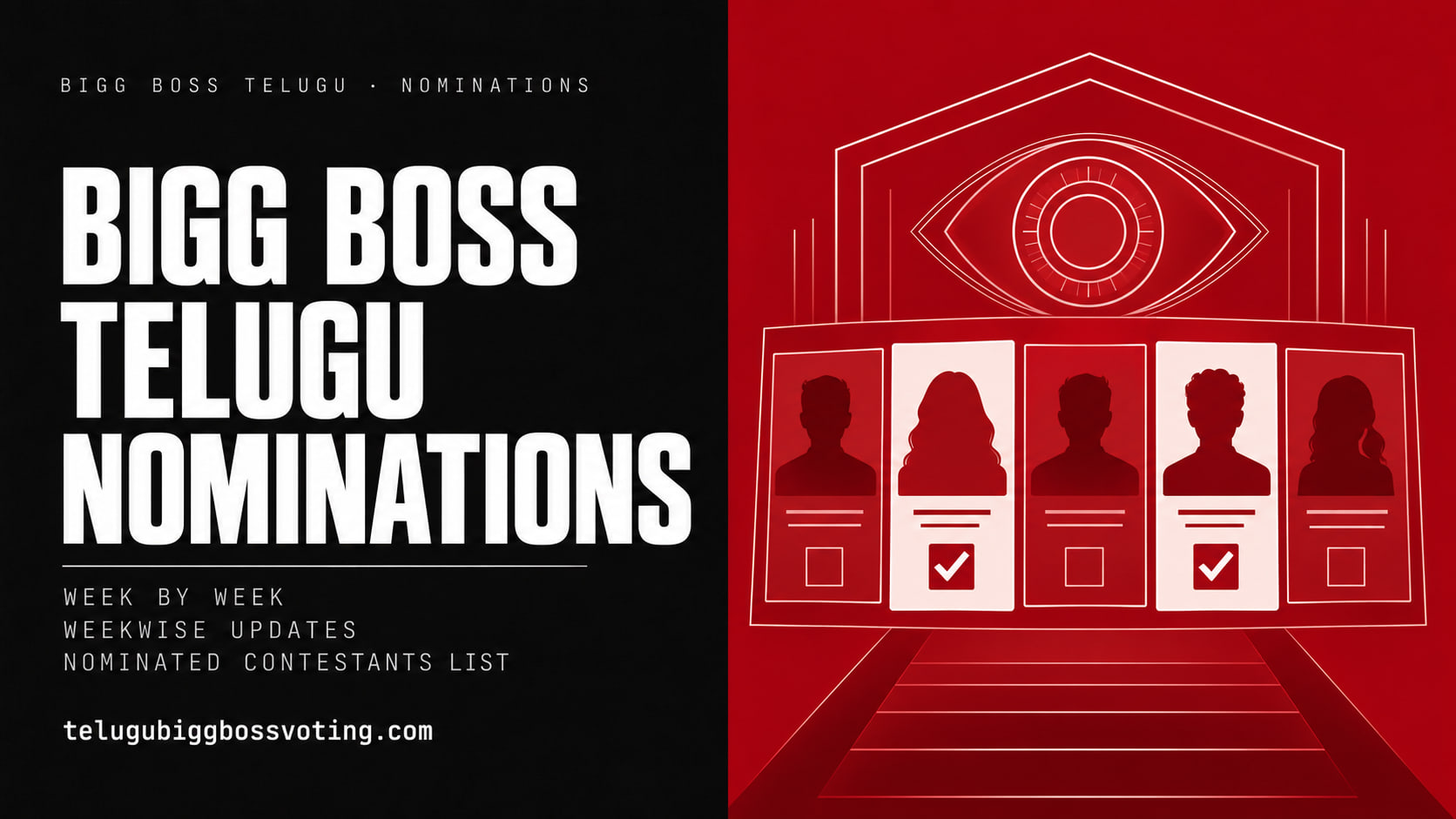 Illustrated cover: Bigg Boss Telugu nominations, five contestant cards on a stage with two of them ticked